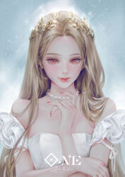 Rule 34 | &#039;o&#039;ne, 1girl, artist name, bare shoulders, blonde hair, dress, earrings, jewelry, long hair, looking at viewer, necklace, original, pearl necklace, red eyes, smile, solo, upper body, white dress
