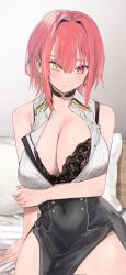 1girl arm_support arm_under_breasts bare_shoulders black_bra black_choker bra bra_peek bra_strap breasts choker cleavage closed_mouth collared_shirt earrings etou_yuuhi hair_between_eyes hashtag-only_commentary heterochromia high-waist_skirt highres hololive houshou_marine houshou_marine_(businesswoman) indoors jewelry lace lace_bra large_breasts official_alternate_costume official_alternate_hair_length official_alternate_hairstyle partially_unbuttoned red_eyes shirt sitting skirt sleeveless sleeveless_shirt solo triangle_earrings underwear virtual_youtuber yellow_eyes