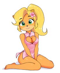 1girl absurdres barefoot blonde_hair breasts china_dress chinese_clothes cleavage cleavage_cutout clothing_cutout coco_bandicoot crash_bandicoot_(series) dress furry green_eyes highres medium_breasts pink_dress thighs