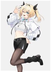 1girl black_leg_warmers black_pantyhose blonde_hair blue_eyes crop_top highres hololive kazama_iroha kazama_iroha_(pop_dance) leg_up leg_warmers midriff miniskirt navel one_eye_closed pantyhose skirt twintails virtual_youtuber zooanime