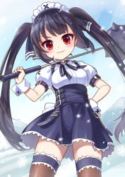 1girl arm_up black_hair black_skirt black_thighhighs golf_club hand_on_own_hip highres icedango_(dpopic3) kooh long_hair looking_at_viewer mace maid_headdress pangya red_eyes ribbon shirt short_sleeves skirt smile solo spiked_mace spikes thighhighs thighs twintails very_long_hair weapon white_shirt wrist_cuffs