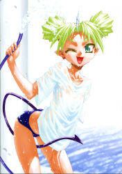 1girl absurdres arched_back between_thighs bikini bikini_bottom_only blonde_hair dutch_angle earrings fang female_focus green_eyes green_hair hand_on_thigh highres horns hose jewelry leaning_forward matching_hair/eyes mori_kotarou no_bra no_pants non-web_source one_eye_closed pointy_ears raim see-through_clothes shirt short_hair single_horn slit_pupils smile solo stray_little_devil swimsuit tail thighs twintails water wet wet_clothes wet_shirt wink