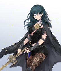 1girl absurdres armlet armor black_cape black_shorts blue_eyes bodice brown_pantyhose bustier cape capelet cloak clothing_cutout commentary_request dagger female_byleth_(fire_emblem) fire_emblem fire_emblem:_three_houses fire_emblem_cipher fire_emblem_heroes floral_print gradient_background green_hair grey_background hair_between_eyes helen_(helen2210hk) highres holding holding_sword holding_weapon jewelry knee_pads knife lace lace-trimmed_legwear lace_trim long_hair looking_at_viewer navel_cutout nintendo pantyhose pantyhose_under_shorts parted_lips patterned_legwear print_pantyhose revision short_shorts short_sleeves shorts shoulder_armor single_knee_pad solo standing straight_hair sword tassel turtleneck vambraces waist_cape weapon
