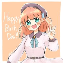 1girl :d aqua_eyes beret black_hat blush border breasts collared_dress commentary contrast_collar crossed_bangs dream_believers dress green_ribbon hair_ornament hair_ribbon happy_birthday hat hinoshita_kaho link!_like!_love_live! long_sleeves looking_at_viewer love_live! mao_(maooo_049) medium_breasts medium_hair official_alternate_costume open_mouth orange_background outside_border pink_dress rabbit_hair_ornament ribbon rounded_collar simple_background smile solo two_side_up upper_body v virtual_youtuber white_border