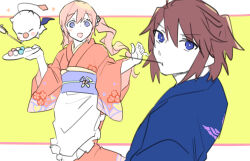 1boy 1girl absurdres apron blue_eyes blue_kimono brown_hair creature dango final_fantasy final_fantasy_xiii final_fantasy_xiii-2 food hair_between_eyes hamagurihime highres holding holding_food japanese_clothes kimono long_hair moogle noel_kreiss obi open_mouth orange_kimono pink_hair purple_eyes sanshoku_dango sash serah_farron short_hair side_ponytail sketch smile upper_body wagashi waist_apron wavy_hair yellow_background