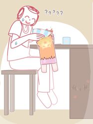 1boy 1girl ? ?? ^_^ absurdres animal_ears barefoot blue_archive bowl cat_ears cat_girl chair closed_eyes closed_mouth commentary_request cup doodle_sensei_(blue_archive) halo highres horuhara indoors korean_commentary long_hair mari_(blue_archive) on_chair orange_hair pajamas pink_pajamas sensei_(blue_archive) sitting smile sweat yellow_halo