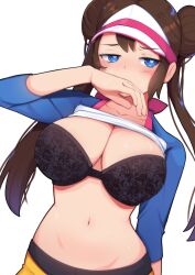 Rule 34 | 1girl, absurdres, black bra, black pantyhose, blue eyes, blue sleeves, bra, breasts, bright pupils, brown hair, clothes lift, commentary, covering own mouth, donut hair bun, double bun, ghelber0, hair bun, highres, lace, lace bra, large breasts, long hair, looking at viewer, navel, nintendo, pantyhose, pantyhose under shorts, pokemon, pokemon bw2, raglan sleeves, rosa (pokemon), shirt lift, shorts, simple background, solo, stomach, symbol-only commentary, twintails, underwear, upper body, visor cap, white background, white pupils, yellow shorts