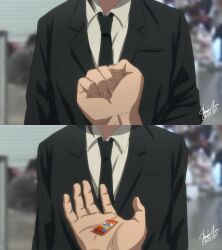 Rule 34 | 1girl, 1other, black necktie, black suit, candy, chainsaw man, clenched hand, commentary, english commentary, food, formal clothes, higashiyama kobeni, highres, holding, laillnii, necktie, photo background, pov, pov hands, shirt, signature, suit, white shirt