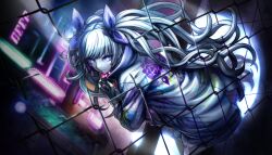 Rule 34 | 1girl, black gloves, chain-link fence, earrings, expressionless, fence, fingerless gloves, from behind, gloves, grey hair, highres, holding, holding toy, jacket, jewelry, long hair, looking at viewer, looking back, non-web source, official art, purple eyes, rubik&#039;s cube, solo, stud earrings, toy, tribe nine, twintails, yukigaya enoki