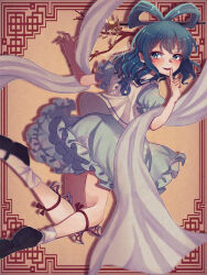 1girl absurdres black_shoes blue_dress blue_eyes blue_hair blush chinese_knot_border chisel dress finger_to_mouth hagoromo highres kaku_seiga konpota_(pixiv_113398422) leg_ribbon looking_back mary_janes medium_hair ofuda orange_background red_ribbon ribbon see-through_clothes see-through_shawl shawl shoes shushing smile solo touhou vest white_vest