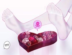 Rule 34 | 1girl, ?, ??, box, chocolate, commentary, english commentary, eonsang, feet, feet only, girls&#039; frontline, girls&#039; frontline 2: exilium, heart, heart-shaped box, highres, makiatto (girls&#039; frontline 2), poison, see-through clothes, see-through socks, skull and crossbones, socks, speech bubble, thighhighs, toes, wa2000 (girls&#039; frontline), white background, white thighhighs