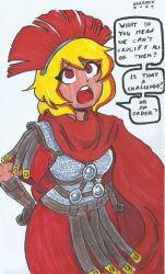 Rule 34 | 1girl, ?, armor, arms at sides, artist name, blonde hair, brown gloves, cape, centurii-chan (character), chainmail, dated, english text, gloves, greco-roman clothes, leather, leather gloves, looking up, medium hair, open mouth, red cape, red eyes, roman armor, roman clothes, shabazik, short sleeves, sketch, speech bubble, talking, teeth, tongue, tunic, upper teeth only