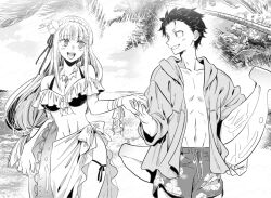 1boy 1girl bare_shoulders bikini black_hair blunt_bangs blush breasts cleavage couple cowboy_shot emilia_(re:zero) flower frilled_bikini frills greyscale grin hair_flower hair_ornament hairband hetero highres holding_hands ikuhashi_muiko inflatable_toy jacket long_hair looking_at_another low-tied_long_hair medium_breasts monochrome natsuki_subaru navel ocean open_clothes open_jacket open_mouth palm_tree re:zero_kara_hajimeru_isekai_seikatsu ribbon sarong short_hair side_slit sidelocks smile swimsuit teeth tree walking wrist_ribbon
