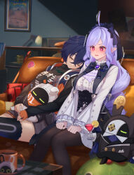 Rule 34 | 2girls, @ @, absurdres, belle (zenless zone zero), black pantyhose, black thighhighs, blue hair, blush, center frills, closed eyes, commentary, couch, crossed bangs, fingerless gloves, frills, gloves, hair between eyes, highres, hood, hooded jacket, indoors, jacket, long hair, long sleeves, mofusagi, multicolored hair, multiple girls, on couch, open clothes, open jacket, orange gloves, pantyhose, parted lips, pointy ears, purple hair, short hair, single glove, single thighhigh, sitting, sleeping, streaked hair, thighhighs, vivian banshee, white hair, zenless zone zero