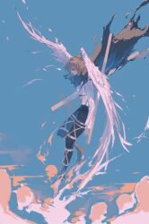 1girl above_clouds absurdres black_pants black_shoes blue_sky brown_hair cape chest_harness cloud eyepatch floating_cape from_side full_body glasses hange_zoe harness highres midair pants ponytail profile shingeki_no_kyojin shirt shoes short_hair short_ponytail sky solo torn_cape torn_clothes white_shirt white_wings wings zhouliang48183