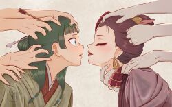 Rule 34 | 2girls, absurdres, artist name, closed eyes, closed mouth, earrings, from side, grabbing another&#039;s hair, green eyes, green hair, hair ornament, hair stick, hand on another&#039;s neck, highres, jewelry, kusuriya no hitorigoto, looking back, maomao (kusuriya no hitorigoto), multiple girls, portrait, profile, shisui (kusuriya no hitorigoto), sukiii (skiisuu), wide-eyed