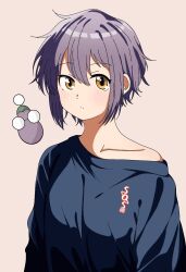 Rule 34 | 1girl, blue sweater, highres, looking at viewer, nagato yuki, official alternate costume, purple hair, short hair, simple background, single off shoulder, solo, suzumiya haruhi-chan no yuuutsu, suzumiya haruhi no yuuutsu, sweater, upper body, yellow eyes, yuiyu ki