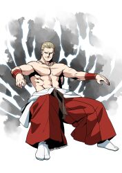 1boy absurdres blonde_hair blue_eyes dougi fatal_fury fatal_fury:_city_of_the_wolves geese_howard hair_slicked_back hakama hakama_skirt highres japanese_clothes jewelry looking_at_viewer male_focus muscular red_hakama short_hair skirt smile solo topless_male yorozu