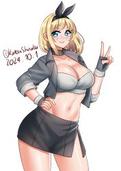 Rule 34 | 1girl, absurdres, bandeau, black hairband, black skirt, blonde hair, blue eyes, contrapposto, cosplay, cropped jacket, dated, fingerless gloves, gloves, grey bandeau, grey gloves, grey jacket, hairband, highres, jacket, kantai collection, katou shinobu, midriff, nelson (kancolle), nelson (kancolle) (cosplay), nelson (race queen) (kancolle), race queen, rodney (kancolle), short hair, skirt, solo, twitter username