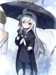 1girl 3ni3ni black_choker black_coat black_eyes black_hairband black_pantyhose black_sailor_collar black_serafuku black_shirt black_skirt black_umbrella blue_archive blush bow braid breath choker coat cold colored_inner_hair commentary_request day eyes_visible_through_hair full_body hair_bow hair_over_one_eye hairband hands_up high-waist_skirt highres holding holding_umbrella long_bangs long_hair long_sleeves looking_up multicolored_hair neckerchief open_clothes open_coat open_mouth outdoors outstretched_hand pantyhose partial_commentary plana_(blue_archive) pleated_skirt red_pupils sailor_collar school_uniform serafuku shirt single_braid skirt snow snowing solo standing straight_hair two-tone_hair umbrella under_umbrella very_long_hair white_bow white_hair white_neckerchief