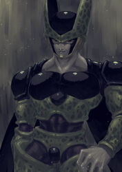 1boy black_skin black_wings cell_(dragon_ball) closed_mouth colored_skin cropped_legs dragon_ball dragonball_z green_skin grey_background hand_on_own_hip highres looking_at_viewer male_focus multicolored_skin obata2nd pectorals perfect_cell pink_eyes purple_skin simple_background smile smug solo spots white_skin wings yellow_skin