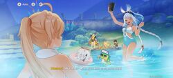 Rule 34 | 2boys, 4girls, aether (genshin impact), aether (hot springs) (genshin impact), ahoge, ajaw (genshin impact), blonde hair, character name, english text, game screenshot, genshin impact, highres, kachina (genshin impact), kinich (genshin impact), mualani (genshin impact), mualani (hot springs) (genshin impact), multiple boys, multiple girls, non-web source, outdoors, paimon (genshin impact), paimon (hot springs) (genshin impact), tagme, towel, towel around neck, xilonen (genshin impact)