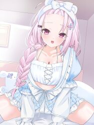 1girl absurdres bandaid bandaid_hair_ornament bangs_pinned_back blue_skirt blush bra braid breasts cleavage collarbone forehead ghost_hair_ornament hair_ornament hairclip highres large_breasts long_hair long_sleeves looking_at_viewer loungewear nijisanji open_mouth pillow pink_eyes pink_hair shiina_yuika shiina_yuika_(13th_costume) skirt smile solo spread_legs thighhighs thighs tillots underwear virtual_youtuber white_bra white_thighhighs