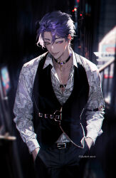 Rule 34 | 1boy, ahoge, alternate costume, arm belt, belt, belt buckle, black belt, black choker, black pants, black vest, blurry, blurry background, buckle, chest belt, choker, collarbone, collared shirt, cowboy shot, dated, depth of field, dress shirt, fang, floral print, gem, hands in pockets, heterochromia, highres, jewelry, kuya (nu carnival), long sleeves, looking at viewer, male focus, mole, mole under eye, night, nu carnival, open collar, open mouth, outdoors, owner bird, pants, partially unbuttoned, pectoral cleavage, pectorals, print shirt, purple eyes, purple gemstone, purple hair, purple shirt, shirt, short hair, smile, solo, standing, teeth, vest, white shirt, yellow eyes