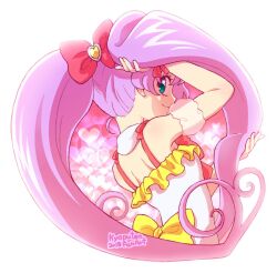 1girl anime_coloring arm_up bad_id bad_twitter_id bare_shoulders bow commentary_request detached_sleeves from_behind green_eyes hair_bow heart holding holding_own_hair kyapu-10 long_hair looking_at_viewer looking_back manaka_laala pink_bow pretty_series pripara profile puffy_detached_sleeves puffy_sleeves purple_hair smile solo twintails very_long_hair yellow_bow