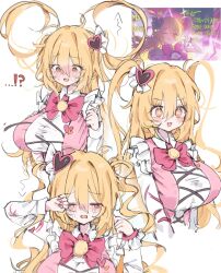 Rule 34 | !?, 1girl, a73398190, arm up, blonde hair, bow, bowtie, don quixote (project moon), drill hair, game screenshot inset, highres, limbus company, long hair, looking down, multiple views, pink bow, pink bowtie, project moon, solo, sparkling eyes, tears, twin drills, white background