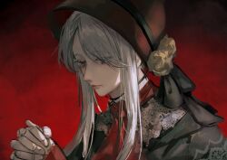 1girl absurdres bloodborne bonnet colored_eyelashes doll_joints expressionless grey_eyes highres interlocked_fingers joints looking_down own_hands_together plain_doll portrait red_background short_hair_with_long_locks sidelocks solo uu114514 white_hair