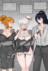 1boy 2girls absurdres arm_tattoo bare_shoulders bdsm belt black_collar black_eyes black_hair black_kimono black_pants blue_eyes blurry blurry_background blush body_freckles breasts chest_sarashi chest_tattoo cleavage closed_mouth clothes_lift cloud_tattoo collar collarbone collared_shirt commentary commentary_request english_commentary english_text facial_scar faust_(project_moon) femdom floral_print freckles fundoshi hair_bun hair_ornament hair_stick heterochromia high_ponytail highres holding holding_sheath holding_weapon hong_lu_(project_moon) indoors irezumi ishmael_(project_moon) japanese_clothes katana kimono korean_commentary kurokumo_clan_(identity)_(project_moon) large_breasts leash limbus_company long_hair looking_at_viewer mixed-language_commentary multiple_girls netorare nipple_slip nipples obi open_clothes open_kimono open_mouth open_shirt orange_hair panties pants ponytail praycity0925 project_moon pussy_juice sarashi sash scar scar_across_eye scar_on_cheek scar_on_face scar_on_leg sheath sheathed shirt short_hair single_hair_bun skirt skirt_lift slave smile steaming_body sword tattoo translation_request underwear very_long_hair weapon wet wet_clothes wet_panties white_hair white_shirt wide_sleeves yellow_eyes