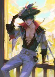 Rule 34 | 1boy, abs, absurdres, arm support, backlighting, blue hair, blue shirt, blue sky, brant (wuthering waves), building, cowboy shot, grin, hair between eyes, hand on headwear, hand up, hat, highres, looking at viewer, male focus, milo (milo 8142), on railing, open clothes, open shirt, pants, parted lips, pectorals, purple eyes, railing, shirt, short hair, sitting, sky, smile, solo, tacet mark (wuthering waves), tricorne, white pants, wuthering waves