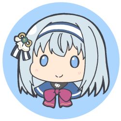 Rule 34 | 1girl, assault lily, black shirt, blue background, blue eyes, blue hairband, blue ribbon, blue sailor collar, bow, bowtie, chibi, closed mouth, commentary, cropped shoulders, grey hair, hair ribbon, hairband, herensuge girls academy school uniform, light blush, long hair, lowres, masaki itsuki, neck ribbon, portrait, red bow, red bowtie, ribbon, round image, sailor collar, school uniform, serafuku, shirt, simple background, smile, solid eyes, solo, transparent background, tsuboi nanaho, two-tone hairband, two-tone ribbon, white hairband, white ribbon