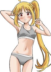 1girl absurdres ahoge armpits blonde_hair blush bocchi_the_rock! highres ijichi_nijika long_hair orange_eyes panties riokasen side_ponytail solo sports_bra underwear underwear_only white_background