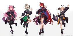 4girls :d absurdres ahoge ankle_boots arm_up asymmetrical_clothes bilingual_commentary black_bow black_jacket black_shoes black_thighhighs boots bow brown_hair cecilia_immergreen clenched_hand colored_inner_hair cropped_jacket doll_joints elizabeth_rose_bloodflame foot_up frilled_sleeves frills gigi_murin green_eyes green_hair green_overskirt green_socks hair_bow hair_ornament hand_up highres holojustice hololive hololive_english hololive_idol_uniform_(color_rise) huge_ahoge jacket joints kuroi_susumu long_hair looking_at_viewer midriff mixed-language_commentary multicolored_hair multiple_girls navel_peek official_alternate_color official_alternate_costume official_art open_mouth orange_socks outstretched_hand overskirt pink_eyes pink_hair pink_nails platform_boots pleated_skirt raised_fist raora_panthera red_eyes red_hair red_nails red_overskirt red_socks shoes short_hair simple_background single_pantsleg skirt smile socks standing standing_on_one_leg straight-on tail thigh_strap thighhighs two_side_up very_long_hair virtual_youtuber white_background white_hair wide_sleeves winding_key yellow_eyes