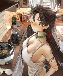 1girl absurdres apron bare_shoulders blush body_markings breasts brown_eyes brown_hair cleavage facial_mark fate/grand_order fate_(series) forehead_mark highres himiko_(fate) himiko_(first_ascension)_(fate) jewelry large_breasts long_hair looking_at_viewer magatama magatama_necklace necklace obazzotto sideboob smile solo white_apron