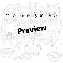 4girls akemithekitten astarte_(surio) feet game_console highres hotel01 inuarashi meiko_(inuarashi) multiple_girls original sketch sleep_over sorbet_(hotel01) surio
