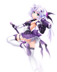 1girl aiming aiming_at_viewer aqua_eyes armpits ass bare_shoulders black_gloves boots breasts closed_mouth covered_erect_nipples dual_wielding earrings elbow_gloves exs-tia_luna frills gloves green_eyes gun hair_between_eyes hair_ornament halterneck handgun highres holding holding_gun holding_weapon jewelry kamitsurugi_ouka kouyoku_senki_exs-tia_concert leg_lift leg_up light_smile long_hair looking_at_viewer looking_back magical_girl official_art panties pantyshot pleated_skirt purple_skirt sideboob simple_background skirt small_breasts smile solo standing standing_on_one_leg sugahara_touka sword thigh_boots thigh_strap thighhighs turtleneck twintails twisted_torso underwear upskirt weapon white_background white_gloves white_hair white_panties white_thighhighs