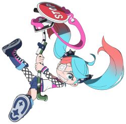 1girl ahoge anime_coloring aqua_eyes arrow_(symbol) artist_request belt belted_shorts blue_boots blue_pupils blue_shorts boots chewing_gum child denim denim_shorts english_text eyelashes eyepatch falling flat_chest gradient_hair grin holding holding_pole holding_weapon knee_boots lace-up_boots long_hair lucy_(ninjala) medical_eyepatch multicolored_hair ninjala nose official_art one_eye_covered pantyhose parted_bangs pink_belt pink_hair pink_shirt pole print_shirt road_sign scrap_saber second-party_source shirt shoe_soles shorts shuriken_print sign single_bare_arm single_fishnet_armwear single_fishnet_legwear single_leg_pantyhose single_sleeve skinny sleeveless sleeveless_shirt smile solo spiked_hair_ornament star_(symbol) star_print stop_sign teeth torn_clothes torn_shorts twintails two-tone_hair two-tone_shirt very_long_hair weapon white_pantyhose white_shirt white_sleeves wrestling_boots