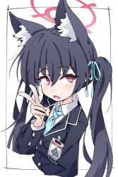 Rule 34 | 1girl, animal ear fluff, animal ears, black hair, black jacket, blazer, blue archive, blue necktie, blue ribbon, cat ears, commentary request, dress shirt, extra ears, fang, fugu43, hair between eyes, hair ribbon, halo, hand up, highres, id card, jacket, light blush, long hair, looking at viewer, necktie, open mouth, red eyes, red halo, ribbon, serika (blue archive), shirt, sideways glance, simple background, skin fang, solo, twintails, upper body, v, white background, white shirt