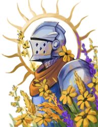 1boy armor blue_tabard chainmail commentary crusader_(darkest_dungeon) darkest_dungeon flower hashtag-only_commentary head_back helm helmet highres male_focus pauldrons perepecha plant profile purple_flower red_scarf scarf shoulder_armor solo tabard upper_body white_background yellow_flower