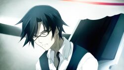 1boy adam&#039;s_apple angry black_eyes black_hair black_vest chaos;child closed_mouth collarbone collared_shirt ears_visible_through_hair emaciated expressionless facing_viewer frown game_cg glasses highres leaning_forward looking_at_viewer looking_up miyashiro_takuru non-web_source official_art open_collar sasaki_mutsumi shirt short_hair sitting skinny solo swept_bangs vest white_shirt