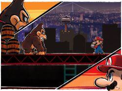 2boys ape barrel big_nose black_eyes blue_eyes blue_overalls border bright_pupils brown_footwear brown_fur brown_hair city cityscape clenched_hand climbing_ladder construction_site donkey_kong donkey_kong_(1981_game) donkey_kong_(series) facial_hair from_side fur gloves gorilla grin hammer highres jiggidyjakes ladder long_sleeves looking_at_another mario mario_(series) multiple_boys mustache necktie nintendo notice_lines overalls red_headwear red_necktie shoes showdown size_difference smile steel_beam thick_eyebrows white_border white_gloves white_pupils