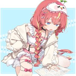 1girl black_collar blonde_hair blue_eyes bow cardigan chain collar hair_bow hair_ornament highres indie_virtual_youtuber kneeling leaf long_braid long_hair mask mask_on_head mei_(vtuber) midriff multicolored_hair navel paper pink_bow pom_pom_(clothes) red_hair sleep_mask socks solo streaked_hair suspenders sweat totomono virtual_youtuber white_cardigan white_socks
