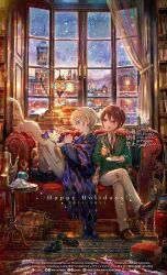 2boys animal book book_stack building cat city couch crossed_legs food fork indoors multiple_boys naru_(andante) original shoes sitting snowing unworn_shoes