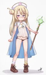 1girl absurdres black_panties blonde_hair blue_cloak boppin brown_footwear cameltoe camisole cloak commentary english_commentary flat_chest full_body glasses hair_bun hat highres holding holding_staff loli mismatched_socks navel nurse_cap original panties round_eyewear see-through_clothes side-tie_panties signature simple_background single_side_bun socks solo staff standing two-sided_cloak two-sided_fabric underwear white_background white_camisole white_cloak white_hat white_socks yellow_socks