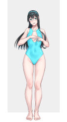 1girl alternate_costume bare_arms bare_legs bare_shoulders black_hair blue_one-piece_swimsuit blush breasts glasses green_eyes hairband highres kantai_collection long_hair looking_at_viewer one-piece_swimsuit ooyodo_(kancolle) semi-rimless_eyewear simple_background smile solo standing swimsuit under-rim_eyewear yuuji_(and)
