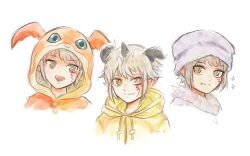 Rule 34 | 1boy, aegiomon, digimon, digimon (creature), digimon story: time stranger, facial mark, fang, grey eyes, grey hair, hood, hood down, hood up, hoodie, horns, official alternate costume, open mouth, patamon, pointy ears, rikka (tcbn 18), simple background, sparkle, upper body, white background