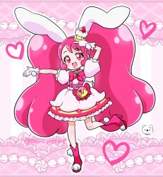 Rule 34 | 1girl, animal ears, animal shoes, anime coloring, big hair, boots, bow, bowtie, brooch, buttons, cake, choker, cure whip, deformed, dot nose, dress, earrings, extra ears, eyelashes, floppy ears, food, food-themed clothes, food-themed hair ornament, food print, frilled skirt, frilled sleeves, frills, fruit print, full body, gloves, hair ornament, hairband, hand on own head, happy, heart, heart print, high heel boots, high heels, highres, jewelry, kirakira precure a la mode, leg up, light blush, long hair, looking at viewer, magical girl, miniskirt, moro precure, open mouth, outline, outstretched arm, pink background, pink bag, pink boots, pink bow, pink bowtie, pink choker, pink gloves, pink hair, pink hairband, pink vest, pom pom (clothes), pom pom earrings, precure, puffy short sleeves, puffy sleeves, rabbit ears, rabbit girl, rabbit tail, red eyes, short dress, short sleeves, signature, skirt, skirt under dress, smile, solo, standing, strawberry brooch, strawberry print, strawberry shortcake, striped background, tail, tareme, twintails, twitter username, two-tone background, two-tone bag, usami ichika, v, vertical-striped background, very long hair, vest, waist bag, waist bow, white background, white dress, white outline, yellow bag, yellow skirt